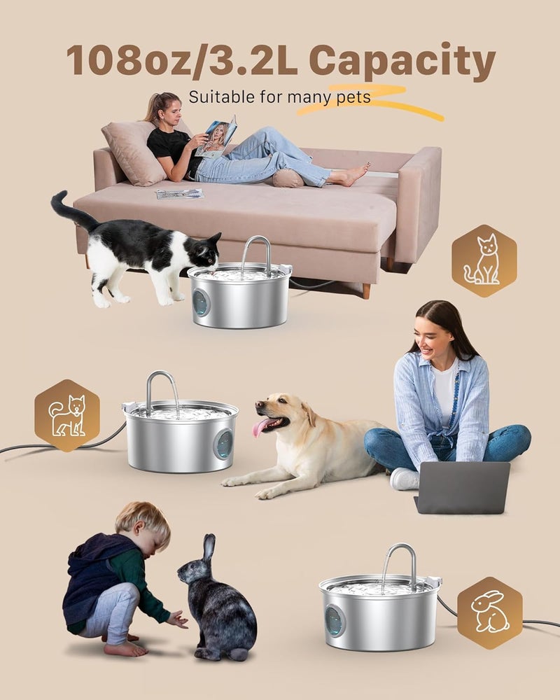 FOFNON Cat Water Fountain Stainless Steel: Cat Fountain for Drinking - 108oz/3.2L Pet Water Fountain for Cats Indoor - Quiet Water Fountain for Cats - Faucet Pet Fountain - Contains 6 Filters + 3 Sponges - Image 3